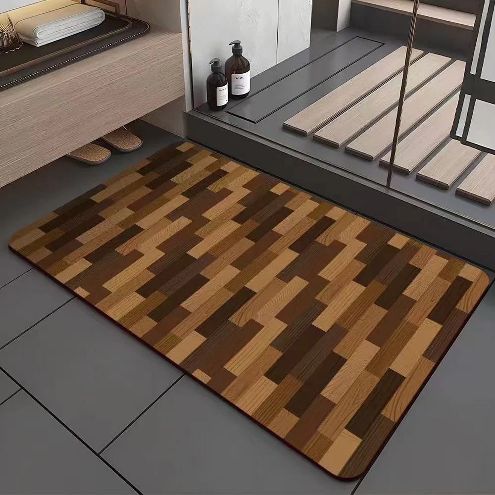 American style diatomite washroom floor mat with wood grain pattern on bathroom tiles