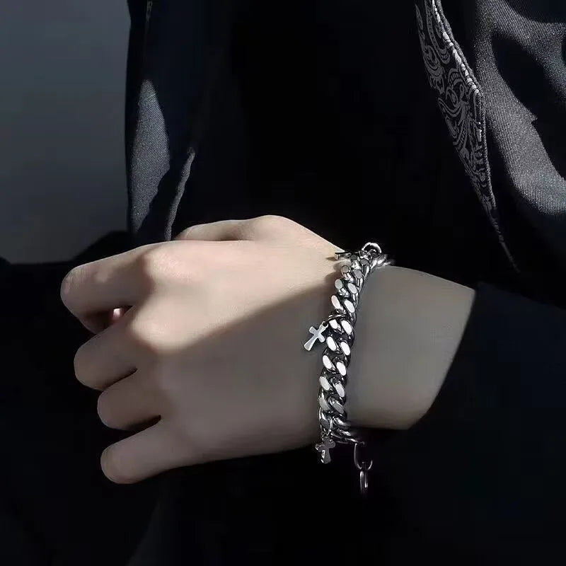 Men's titanium steel bracelet with geometric design and cross motif in cold wind style