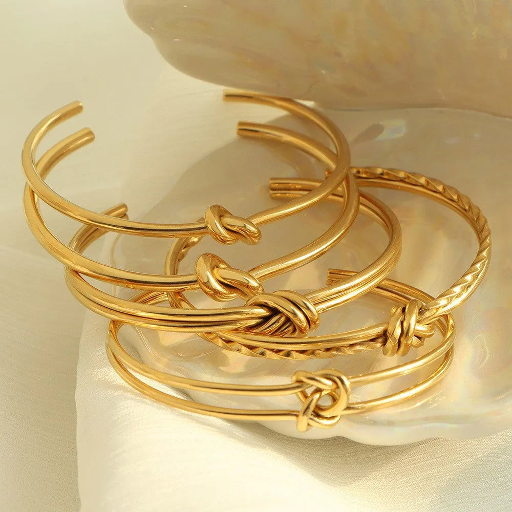 Stainless steel knotted double-layer bracelet with 18K gold plating and adjustable C-shape opening