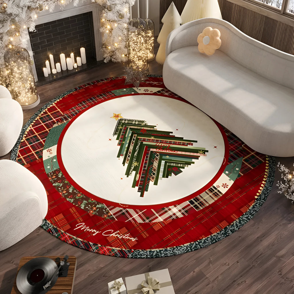 Round Christmas living room carpet in red festive design on wooden floor