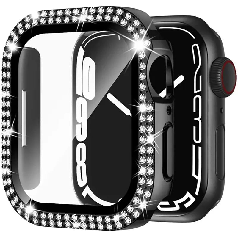 Apple Watch protective case with double diamond glass in rose pink, gold, silver, and black colour options.
