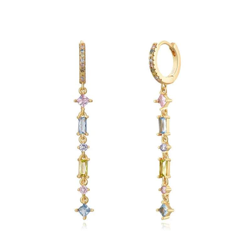 Sterling silver needle micro-inlaid colourful zircon geometric U-shaped tassel ear clips