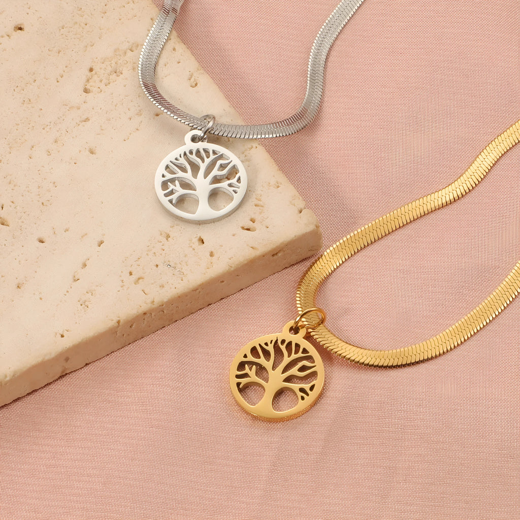 Stainless steel necklace with tree pendant on snake bones chain in gold or steel colour