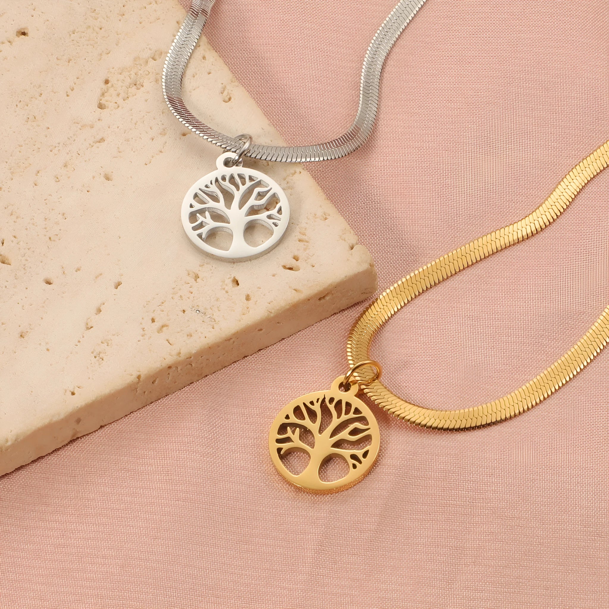 Stainless steel necklace with tree pendant on snake bones chain in gold or steel colour