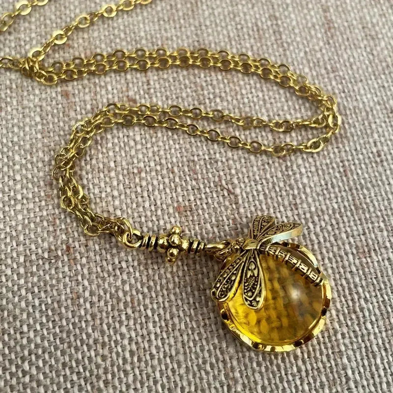 Vintage bronze hand carved dragonfly pendant necklace with 925 silver components in yellow colour
