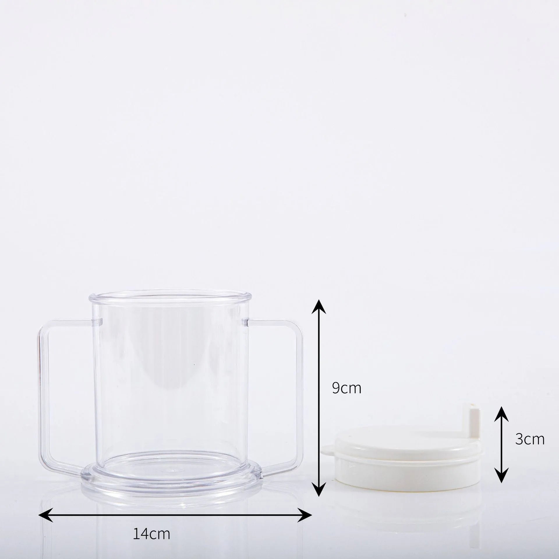 Transparent spill-proof plastic drinking cup showing 14cm height and 12cm diameter
