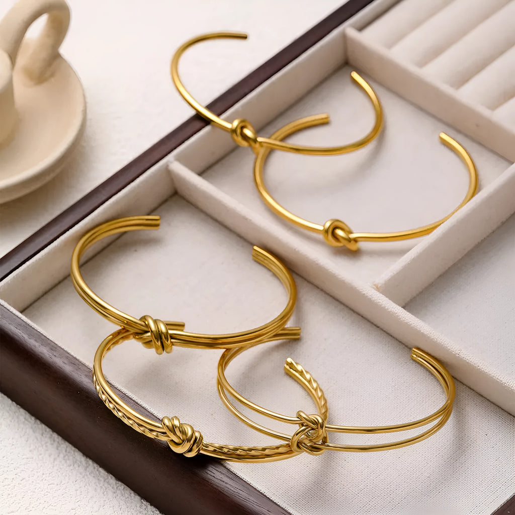 Stainless steel knotted double-layer bracelet with 18K gold plating and adjustable C-shape opening