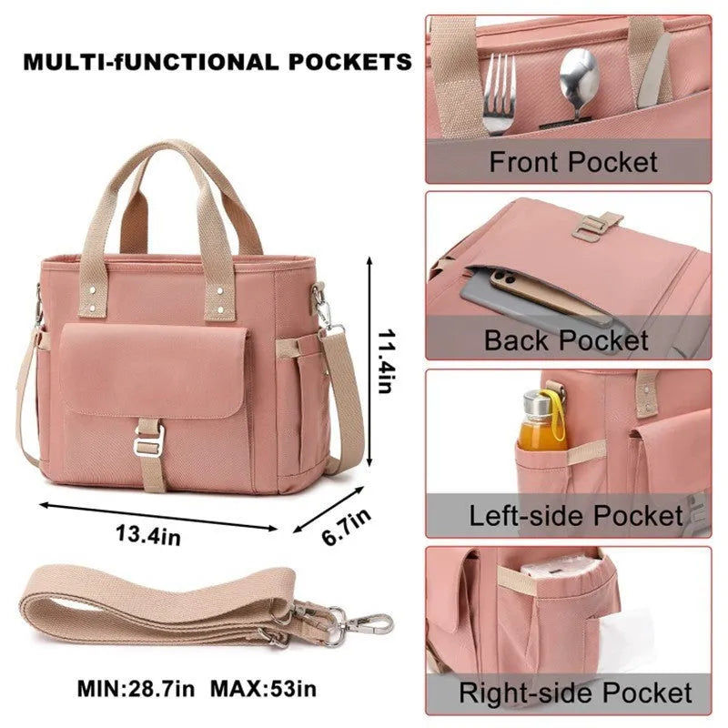 A portable cube-shaped picnic bag with a removable shoulder strap and a side pocket, shown in pink colour.