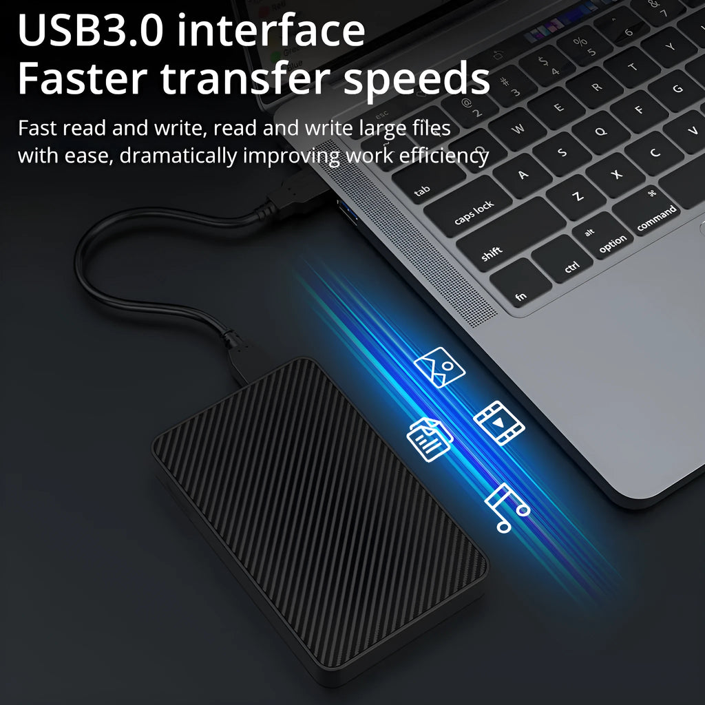 16TB high-speed portable mobile hard disk in black with ABS plastic shell showing dimensions