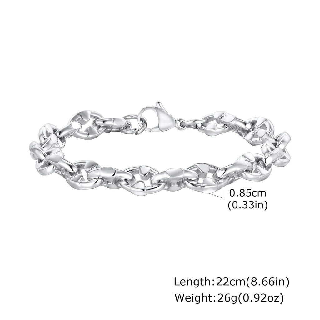 Thick stainless steel geometric chain bracelet for men, shown in steel colour.