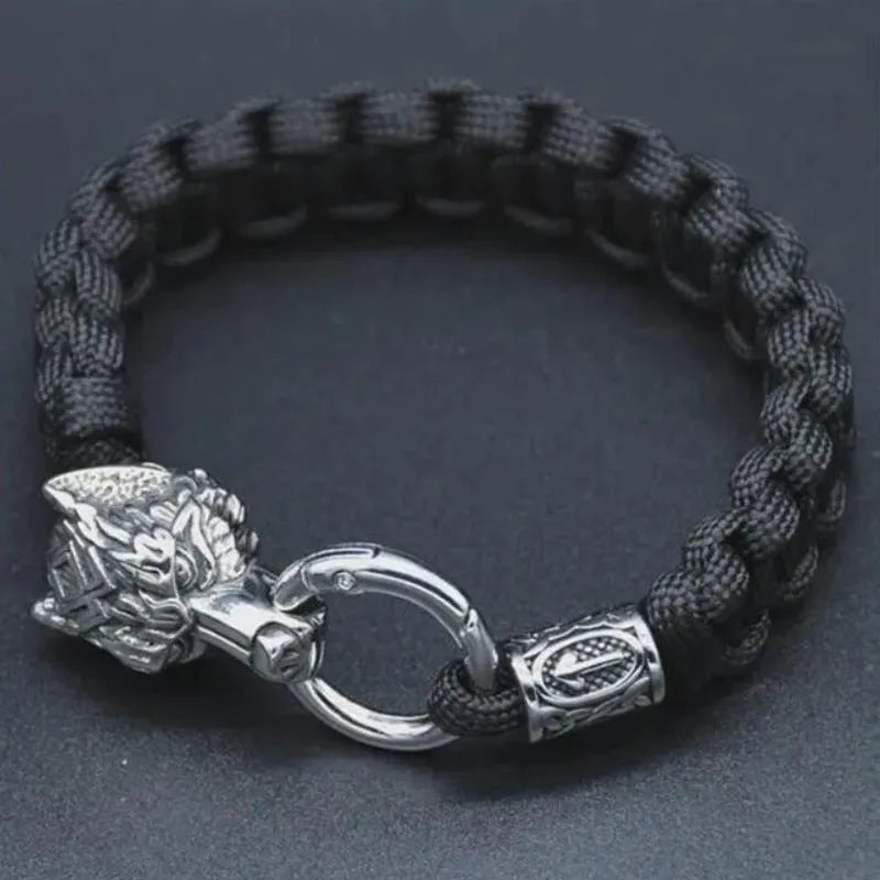 Polished stainless steel wolf head bracelet in camouflage colour showing animal modelling detail