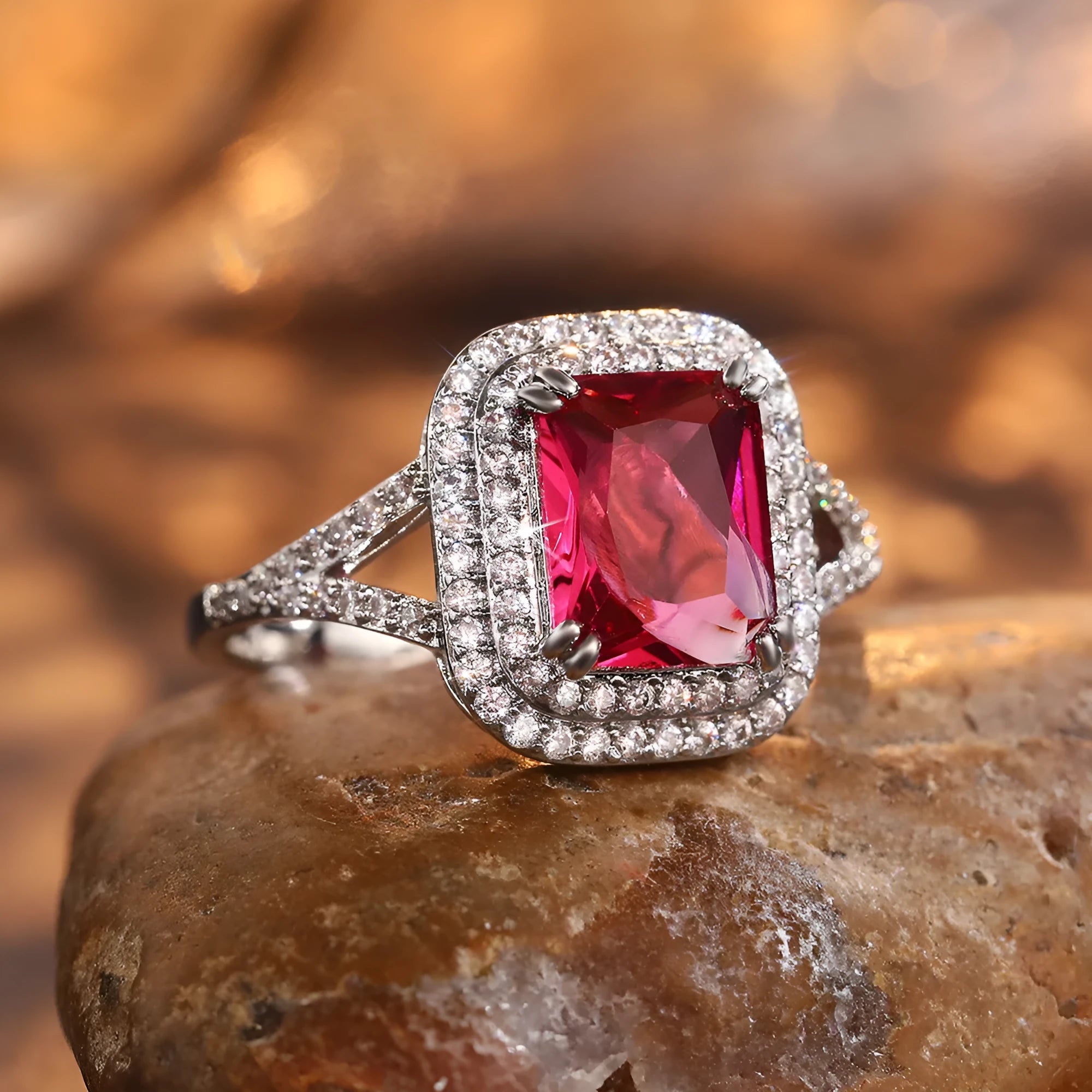 Copper square princess ring with red rhinestones in geometric style for women sizes 6 to 10