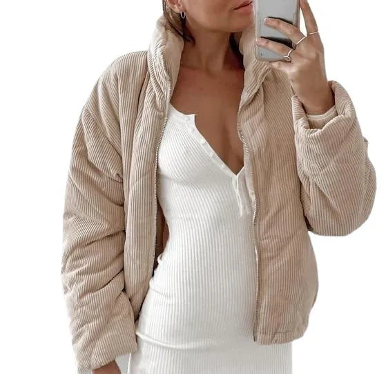 Apricot women's corduroy jacket with stand collar and front zipper