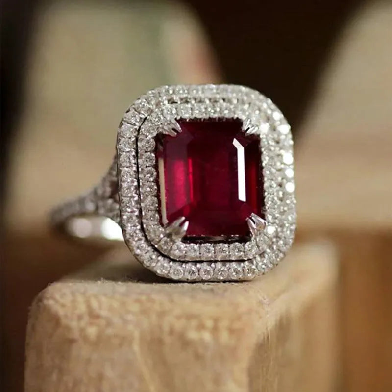 Copper square princess ring with red rhinestones in geometric style for women sizes 6 to 10