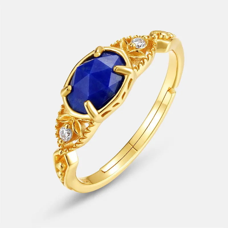 Japanese style geometric silver alloy ring with genuine blue lapis lazuli stone elliptical women's jewellery