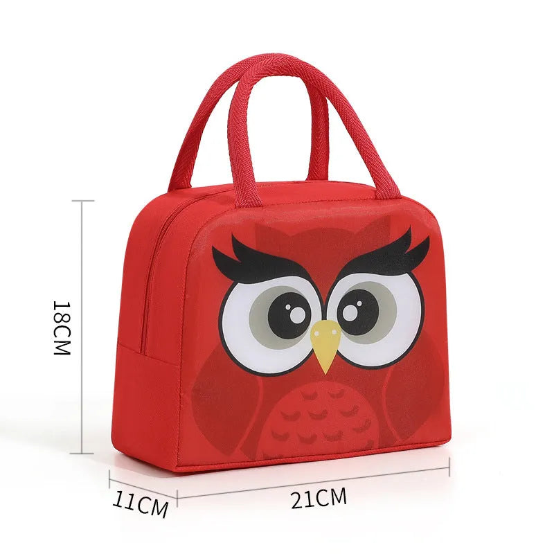 Cartoon insulated lunch box bag showing aluminium foil lining and Oxford cloth exterior
