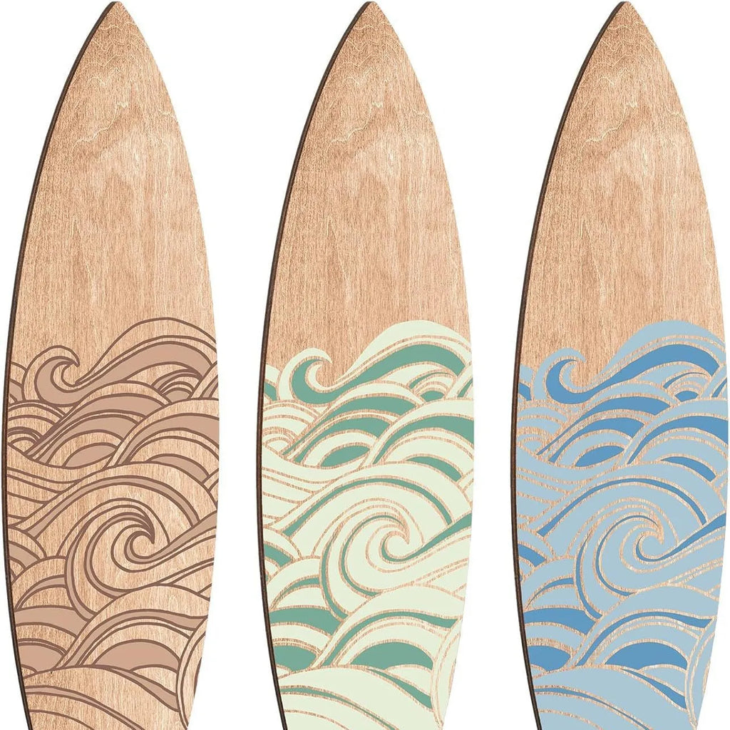 Three wooden surfboard-shaped wall decorations on a white background.