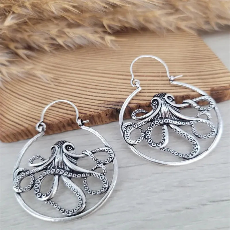 Vintage octopus earrings antique silver colour retro animal modelling zinc alloy electroplated