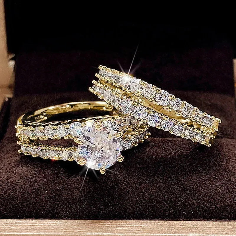 Convertible 2-in-1 alloy female ring set with fully-jewelled geometric design in silver, gold, or rose gold colour