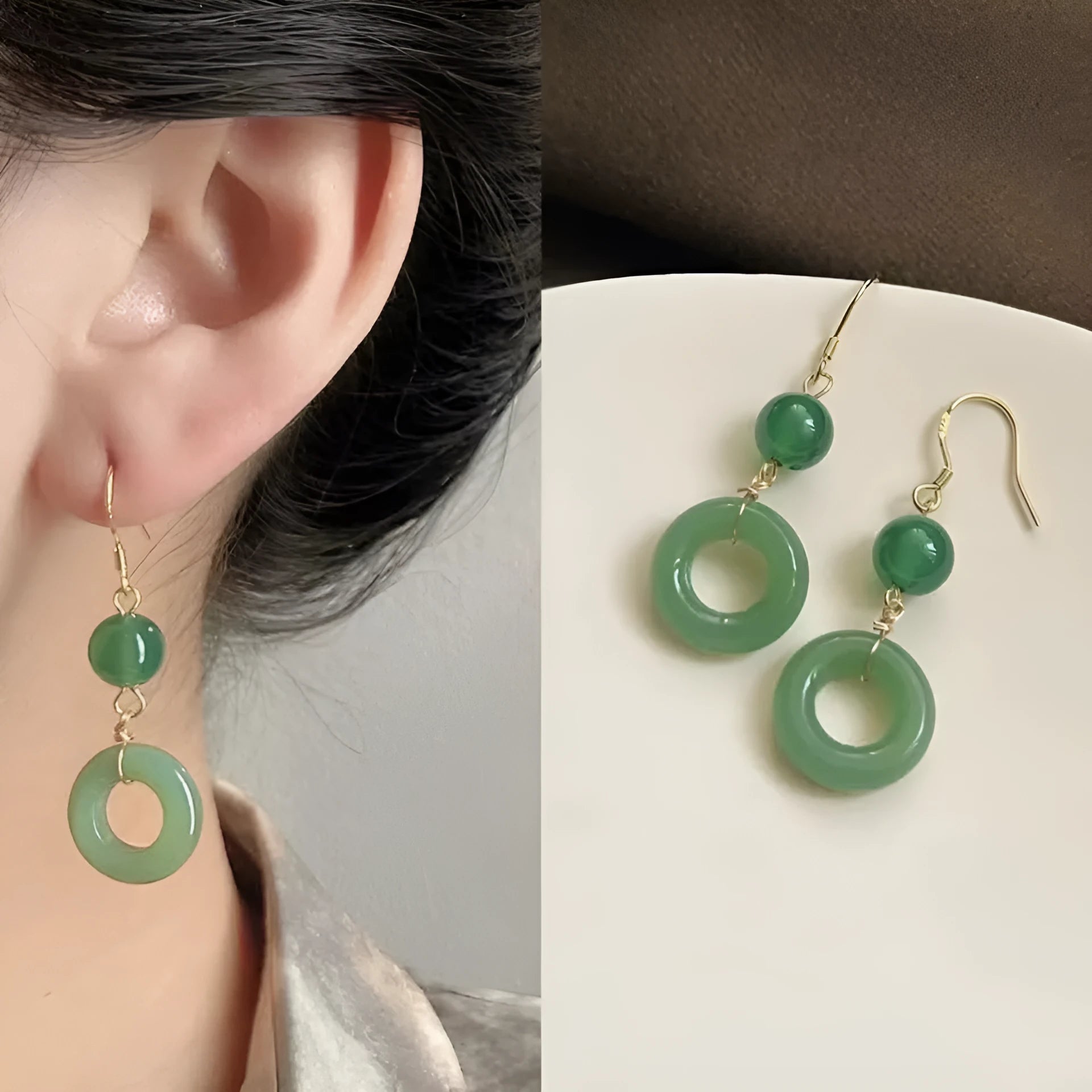 Green and gold Chinese style peace buckle shape earrings with geometric ring design.