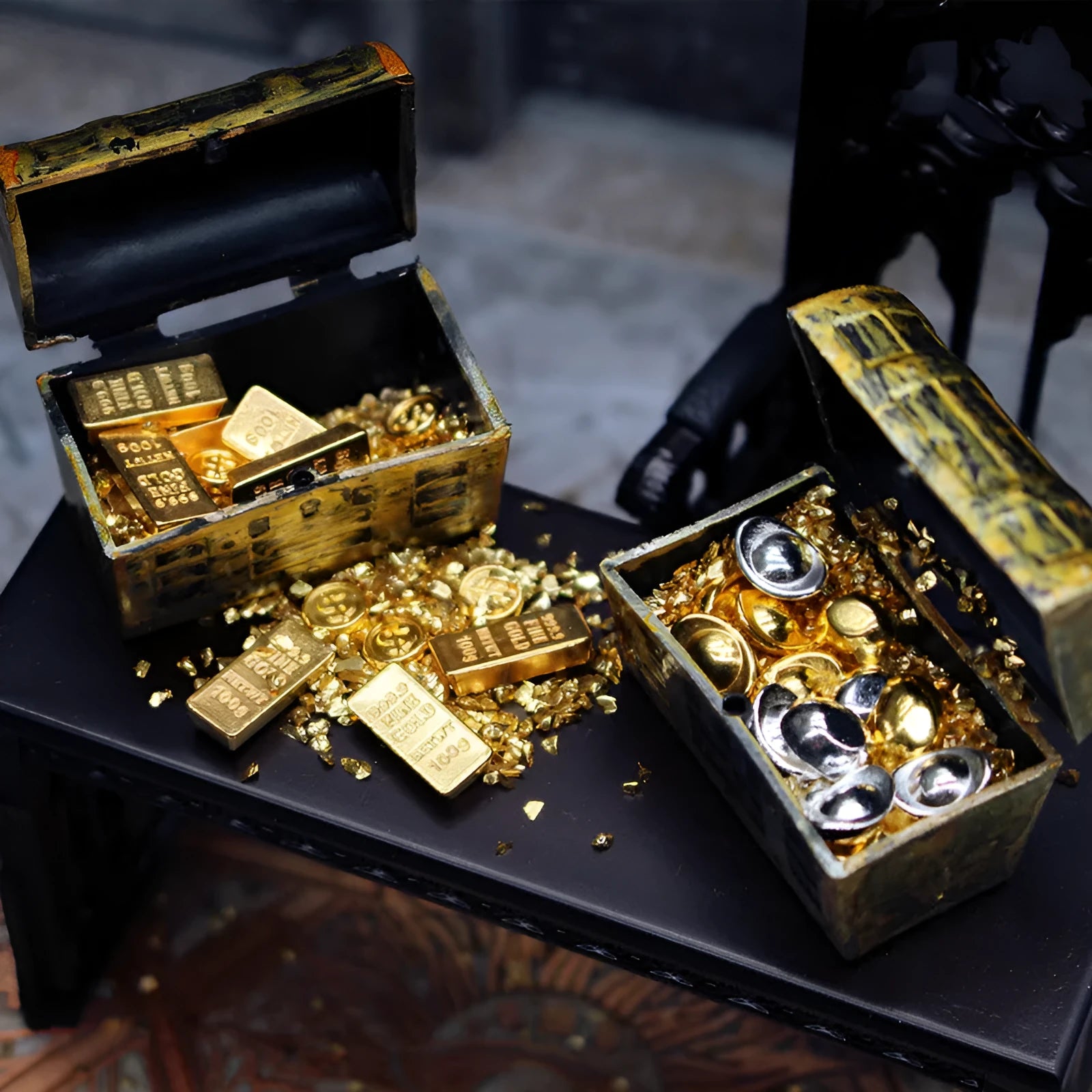 Miniature alloy treasure box doll house ornaments with gold coins and gold bars
