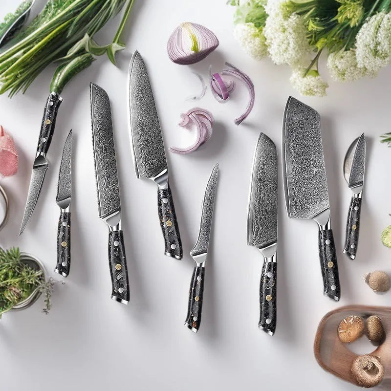 8-piece Damascus steel kitchen knife set with fishbone pattern, showing knives from 3.5-inch fruit knife to 8-inch chef knife.