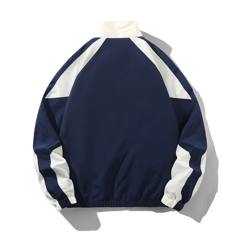 Men's black polyester casual jacket with contrast stitching detail and side seam pockets