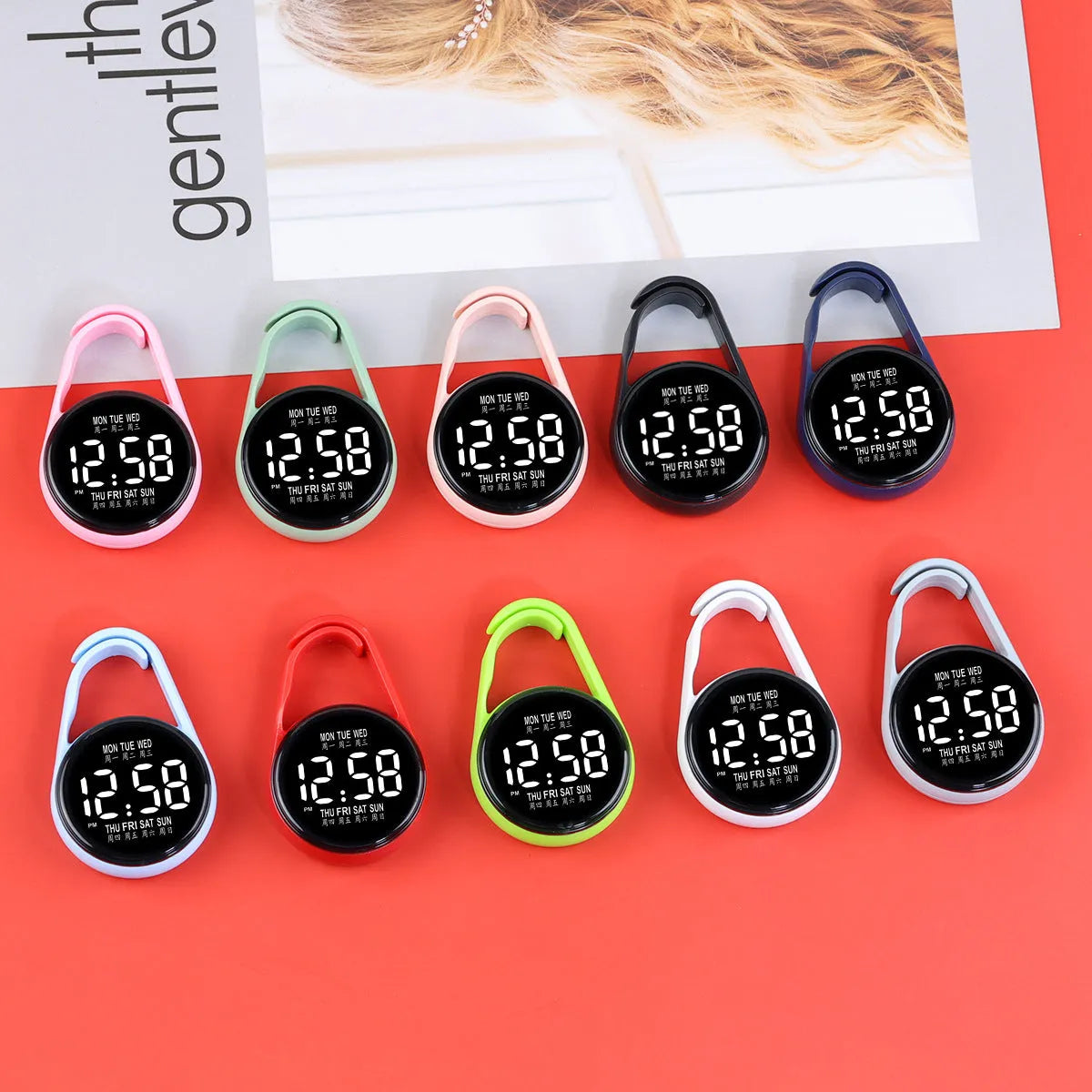 Simple luminous mini electronic LED digital watch with plastic strap in various colours.