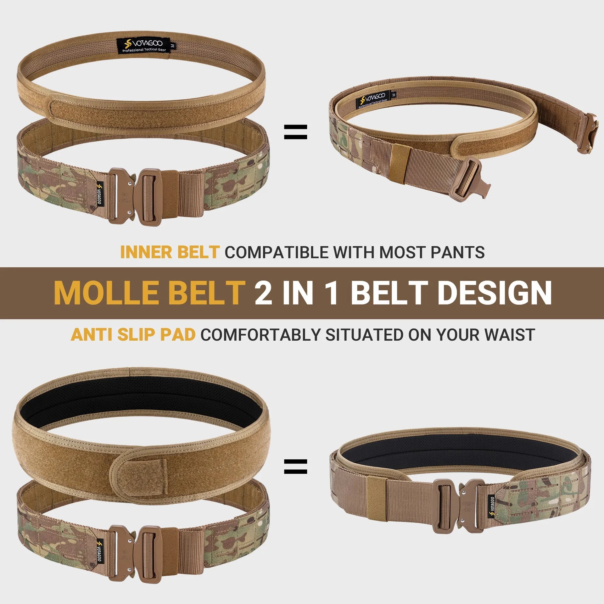 Votagoo 2-inch wide tactical belt with quick-release alloy buckle in CP camouflage colour.