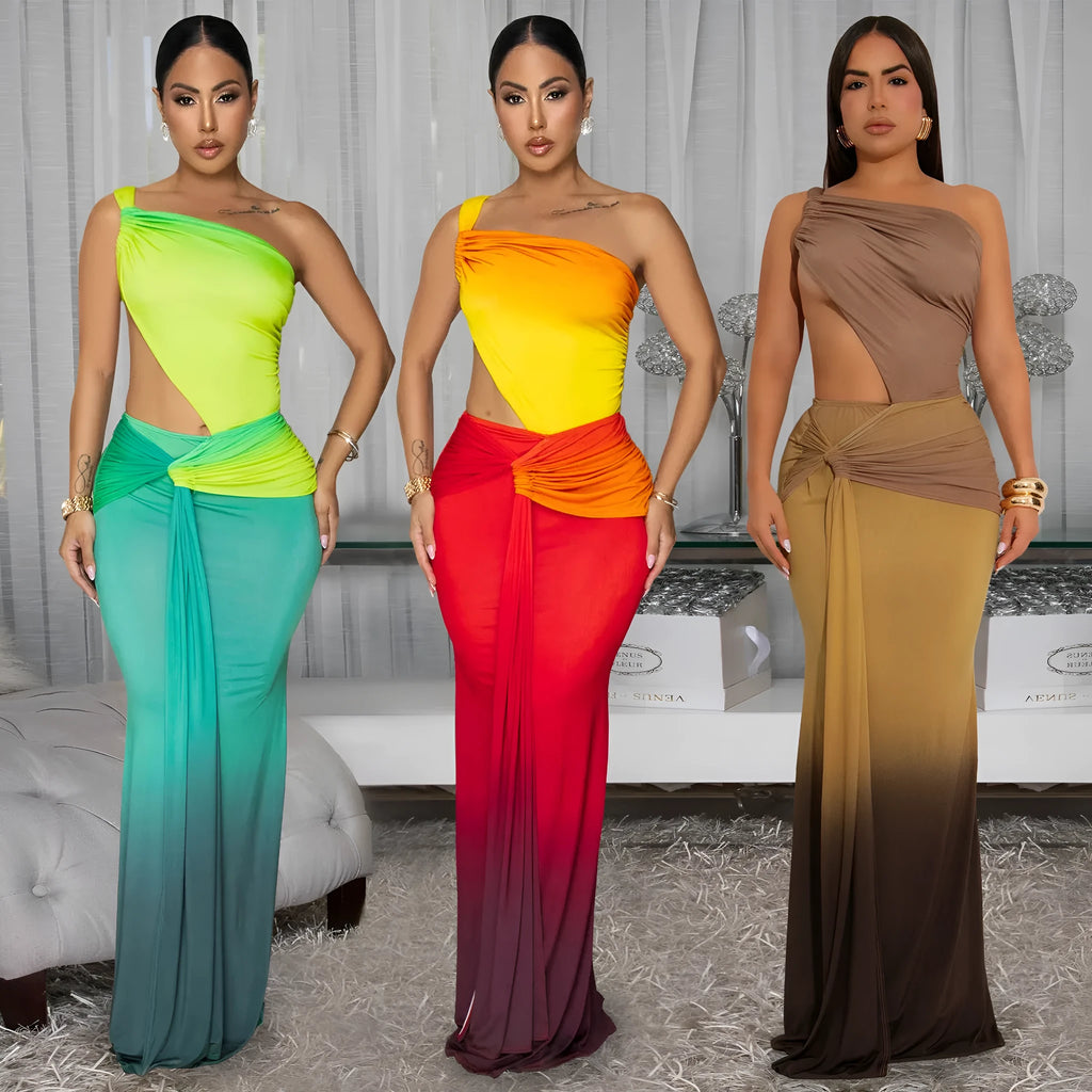 Women's gradient colour oblique shoulder summer dress with high waist and long skirt