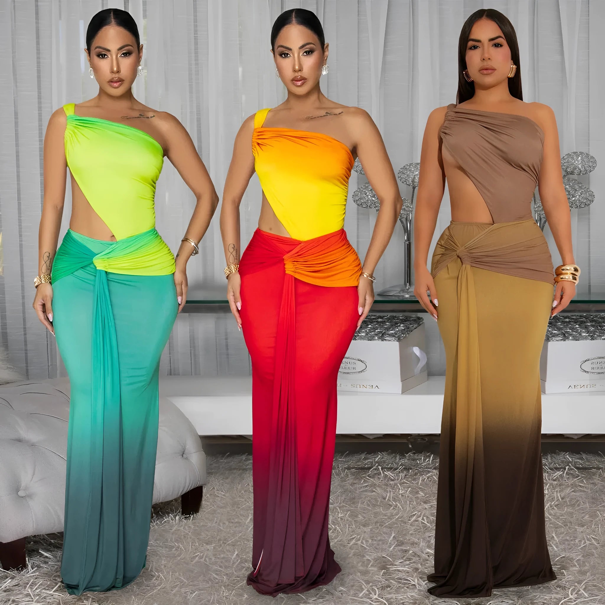 Women's gradient colour oblique shoulder summer dress with high waist and long skirt
