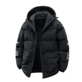 Men's black hooded padded winter coat in a Korean-style cardigan design with side pockets.
