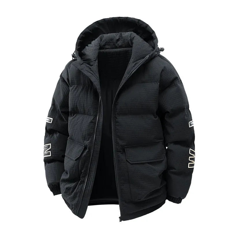 Men's black hooded padded winter coat in a Korean-style cardigan design with side pockets.