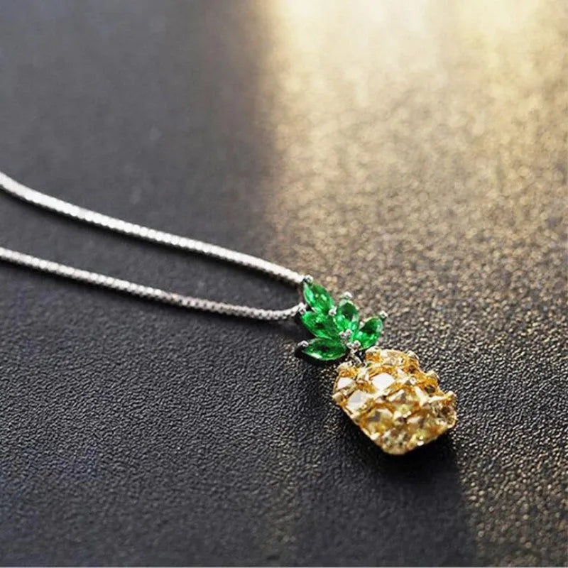 Korean fashion silver plated necklace with geometry pineapple diamond pendant and copper white gold plating
