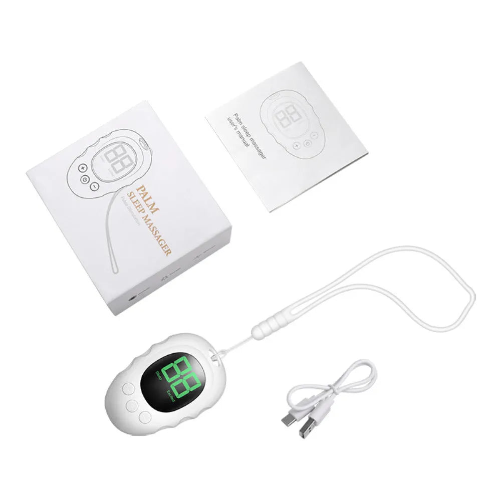 Silicone sleep aid hand grip in black, white, and green colours with charging cable