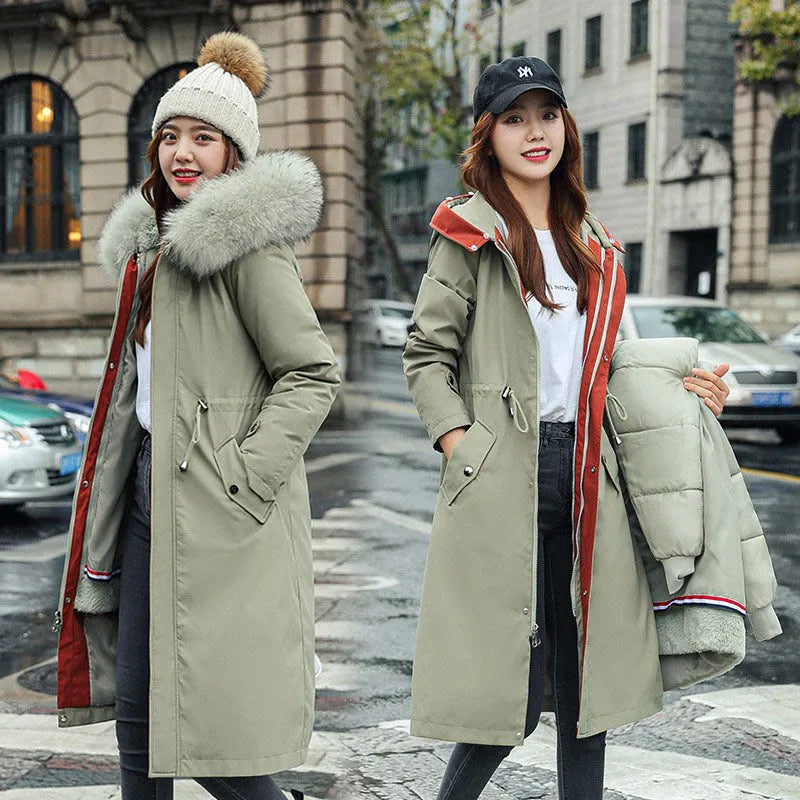 Women's long cotton-padded trench coat in bean green with 100cm length and fleece lining
