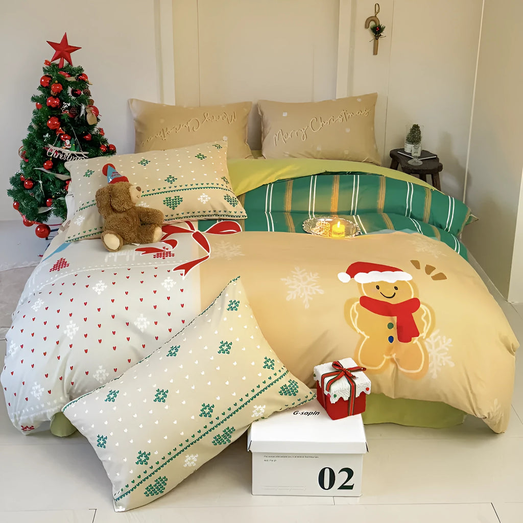 Christmas cartoon printed four-piece bedding set on a bed, showing Gingerbread Man pattern.