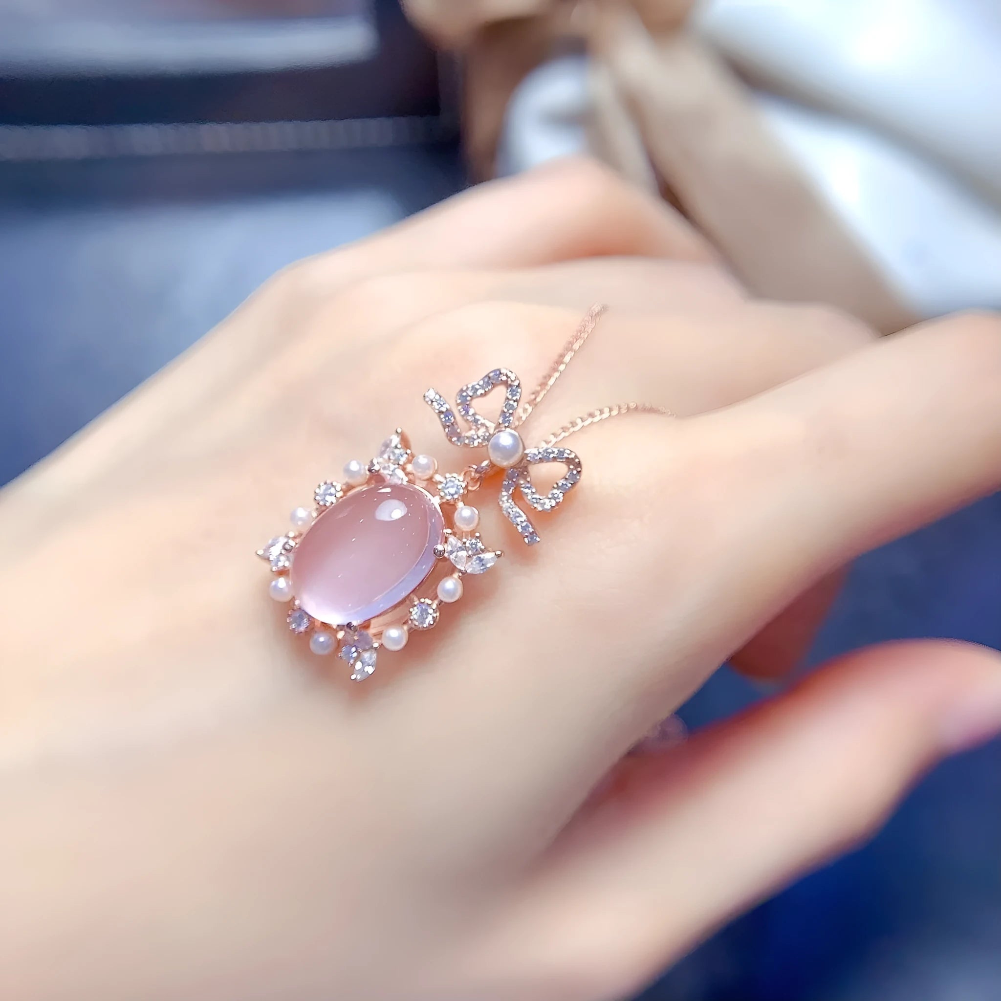 Natural pink rose quartz geometric pendant on sterling silver necklace with rose gold plating
