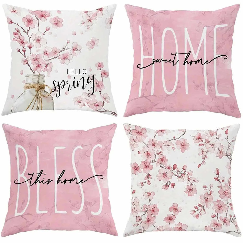 45cm square short velvet cushion cover with cherry blossom and letter pattern in one of four available colours.