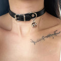 Black leather pet collar with small bell pendant for cats and small dogs