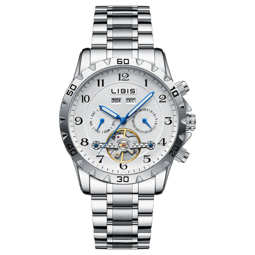 Men's silver automatic perpetual calendar mechanical watch with stainless steel bracelet and sapphire crystal
