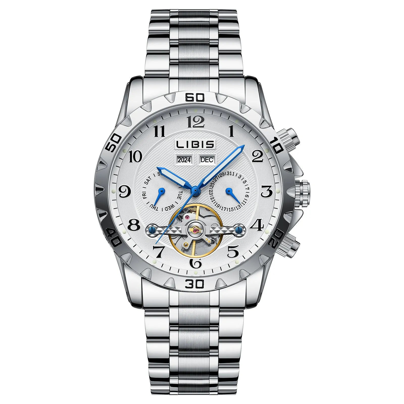 Men's silver automatic perpetual calendar mechanical watch with stainless steel bracelet and sapphire crystal
