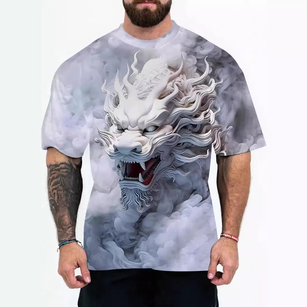 Men's loose fit short sleeve t-shirt with coloured letters print on a casual model.