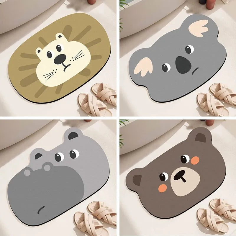 Diatomaceous earth bathroom mat with cartoon animal design on alien-shaped base