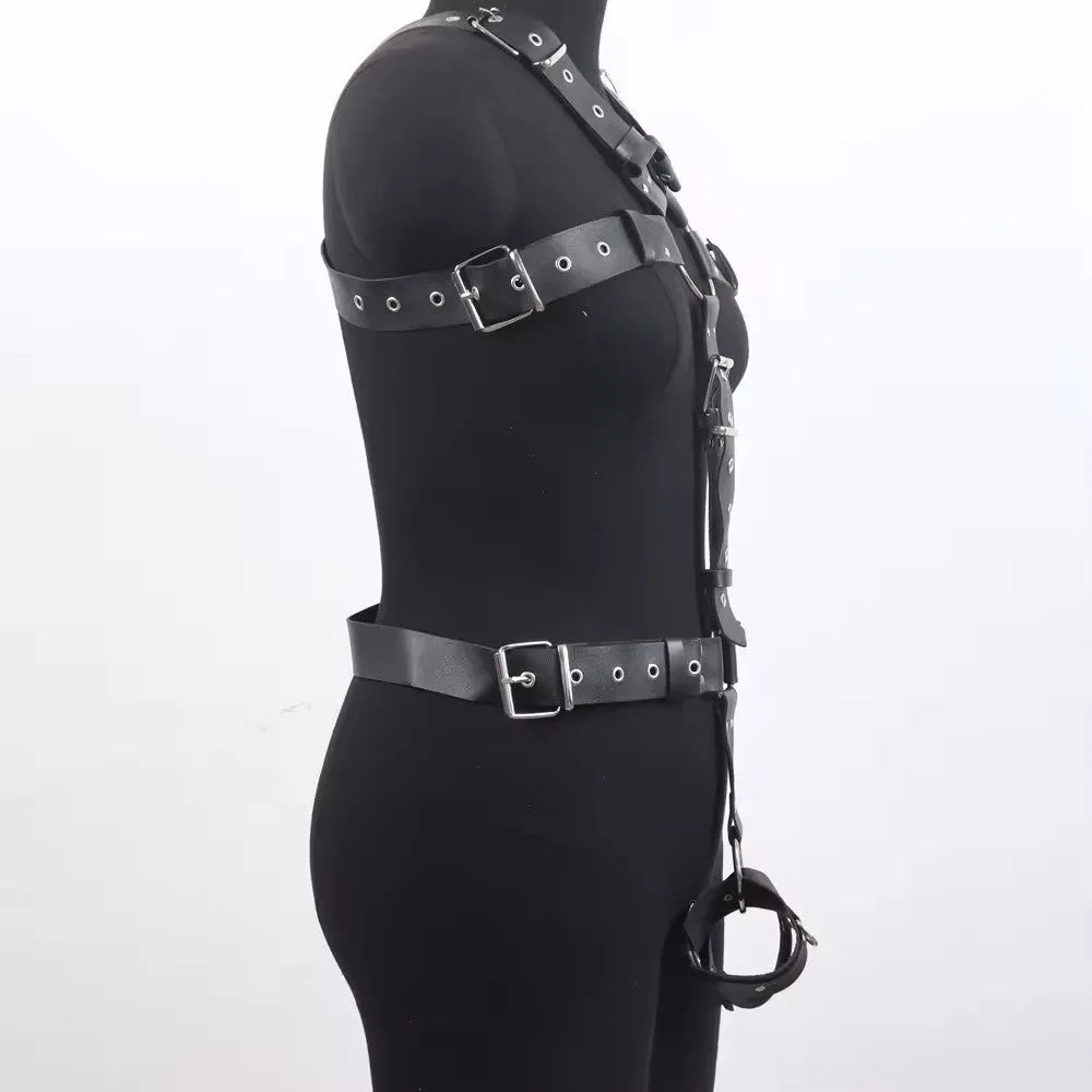 Black patent leather women's body shaper belt with adjustable pin buckle on mannequin