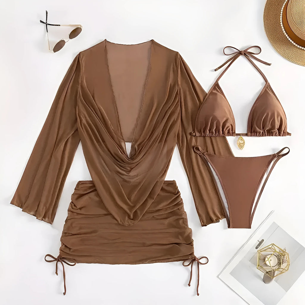 Women's dark brown lace-up front bikini swimsuit with backless design and briefs bottom