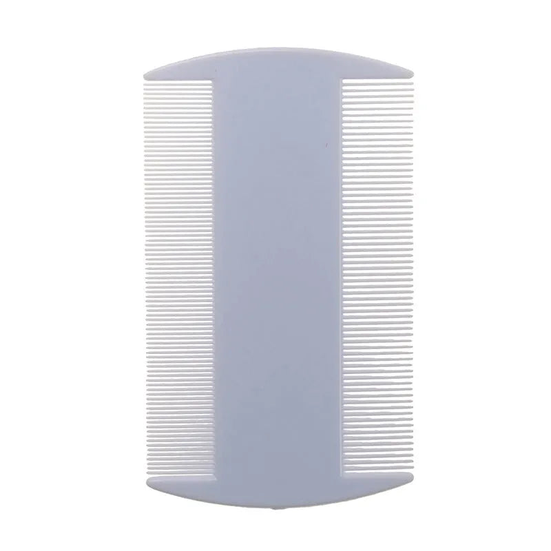 A white plastic double-edged fine-toothed lice and flea comb on a plain background.