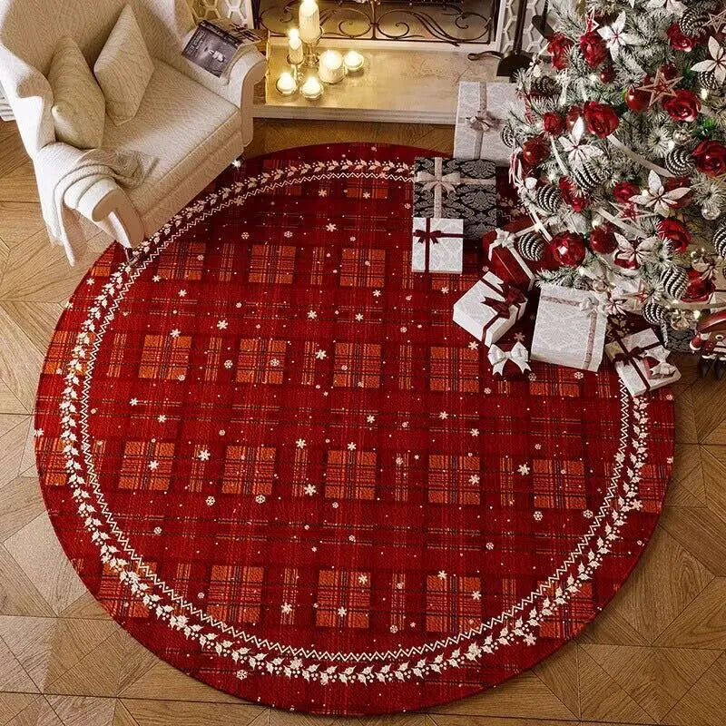 Round Christmas living room carpet in red festive design on wooden floor