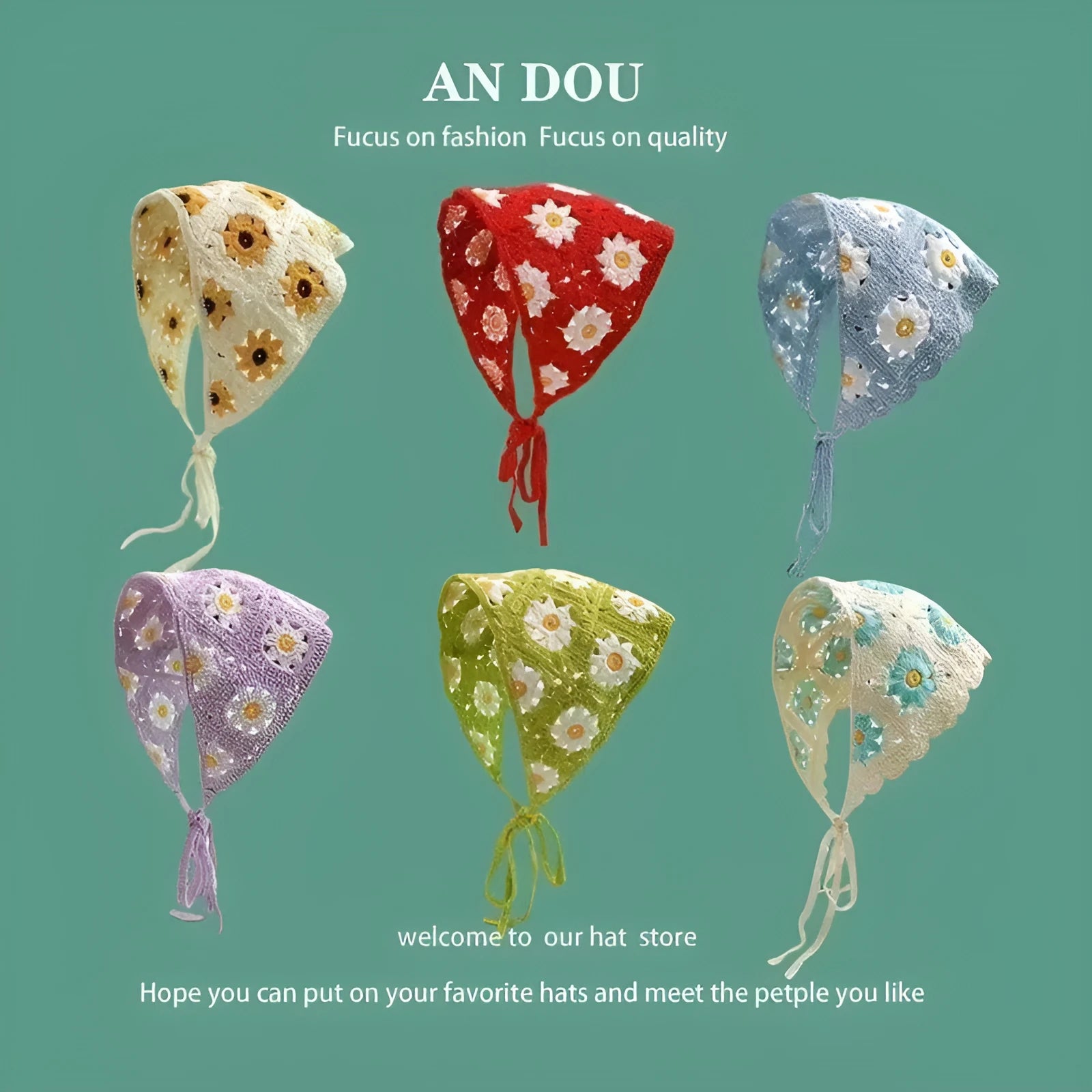 French retro cotton triangular headscarf with floral pattern and toe cap fastening.