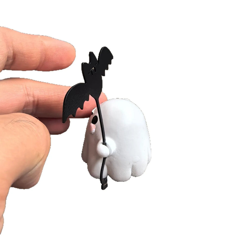 Small resin ghost walking dog Halloween statue in ghost holding bat colour